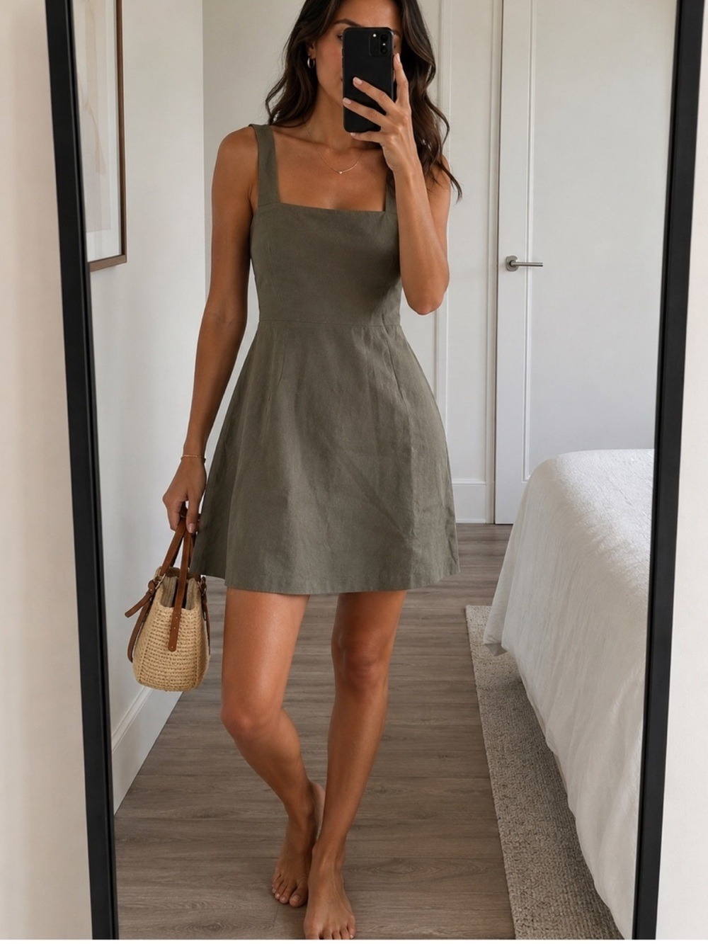 THEORY LINEN BLEND CALIVER MINI DRESS IN Fern Size 4